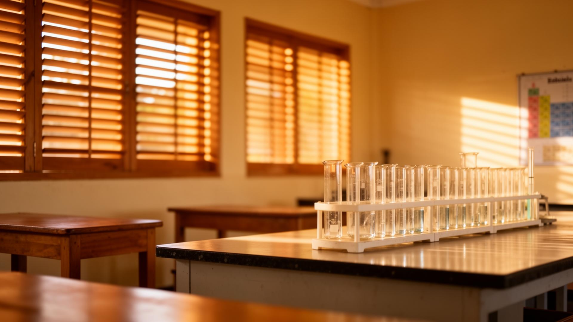 A calm Mauritian chemistry classroom with warm afternoon light through louvred shutters